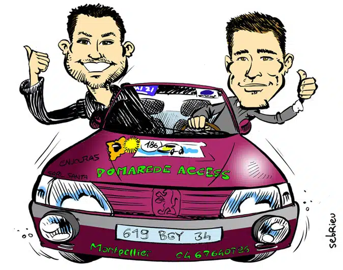 Caricatures de voitures 10 Caricature d'une équipe de rallye avec leur voiture