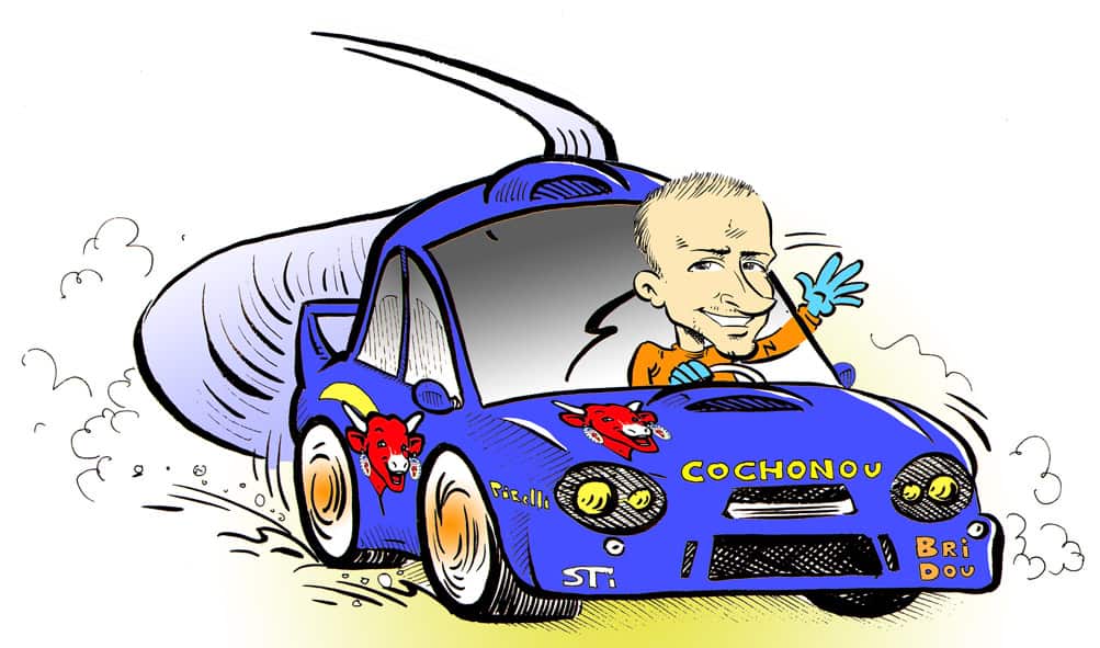 Caricature d'une voiture de rallye en action