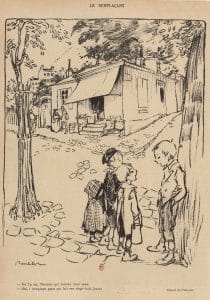 Estampe de Poulbot de la Première Guerre mondiale. Un enfant prend symboliquement la place de son père soldat, illustrant le poids de la guerre sur la jeunesse.