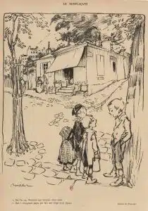 Le remplaçant Estampe de la Première Guerre mondiale. Un enfant prend symboliquement la place de son père soldat.
