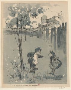 Illustration de Poulbot pour L'Assiette au Beurre. Deux enfants sur les tabous sociaux. 1905