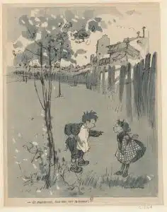 'Et maintenant, fais-moi voir la tienne!' Illustration pour L'Assiette au Beurre. Deux enfants sur les tabous sociaux. 1905