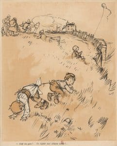 Illustration de Poulbot pour L'Assiette au Beurre. Le titre argotique désigne un enfant illégitime, l'œuvre est une satire des mœurs. 1905