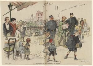 Dessin de propagande de la Première Guerre mondiale par Poulbot. Un espion présumé est arrêté sous le regard approbateur d'enfants parisiens. 1916