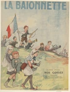Illustration de propagande par Poulbot pour le journal La Baïonnette, utilisant l'humour pour soutenir le moral en temps de guerre. 1915