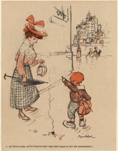 Illustration satirique de Poulbot. Une réplique enfantine est utilisée pour révéler une situation hypocrite du monde des adultes. 1906