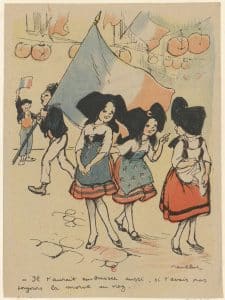 Estampe de Poulbot célébrant la victoire. De jeunes Alsaciennes en costume traditionnel symbolisent le retour de l'Alsace à la France. 1919