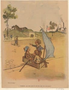 Illustration de Poulbot pour La Baïonnette célébrant l'alliance américaine, avec des enfants parisiens admirant les soldats américains. 1918