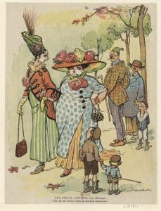 Dessin de presse par Poulbot. Satire anti-allemande moquant les tentatives d'imiter la mode parisienne pendant la guerre. 1915
