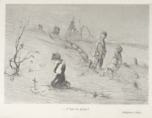 Lithographie couleur par Poulbot. Une fillette en deuil, la main bandée, prie sur la tombe de son père dans un paysage de ruines. 1915