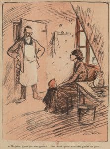 Illustration de Poulbot pour la revue satirique L'Assiette au Beurre, dépeignant avec une critique sociale la vie des enfants pauvres de Paris. 1910