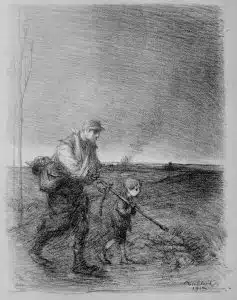 Vers l'arrière - Le petit porteur de sabre Lithographie par Poulbot. Un jeune garçon, ou 'poulbot', joue au soldat avec le sabre de son père. 1915