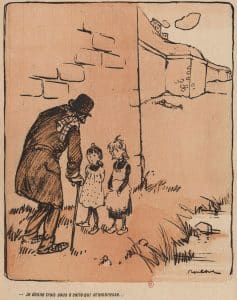 Illustration de Poulbot pour L'Assiette au Beurre. Scène de satire sociale sur les mœurs, montrant un homme rencontrant deux jeunes filles. 1907