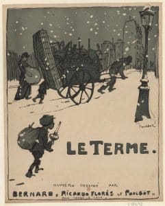 Illustration de Poulbot pour L'Assiette au Beurre sur le thème de la fin de grossesse, une satire sociale sur la naissance dans les milieux populaires. 1907