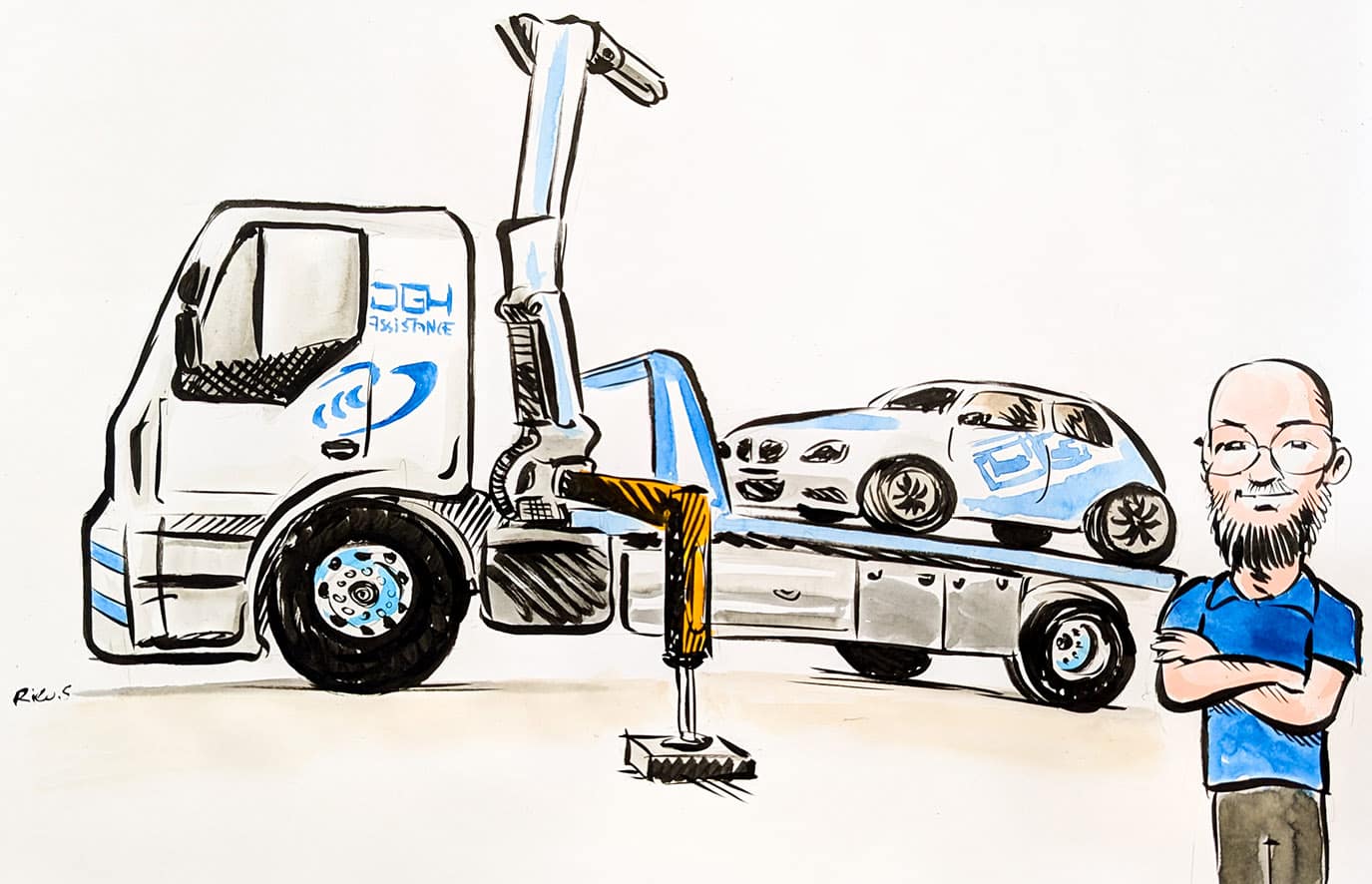 Caricature d'un camion et d'une voiture de sport