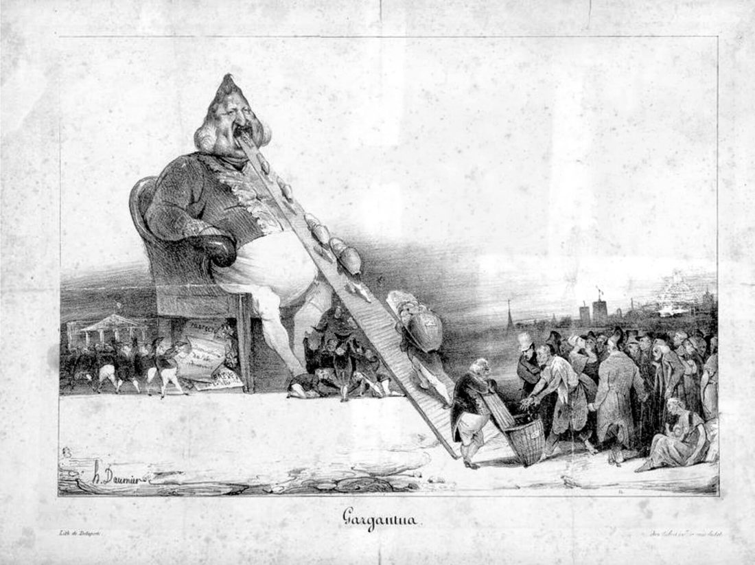 Titre : Gargantua. Artiste : Honoré Daumier. Année : 1831.5 Lithographie satirique dépeignant le roi Louis-Philippe Ier comme un géant glouton consommant les richesses du peuple, critiquant la corruption gouvernementale.