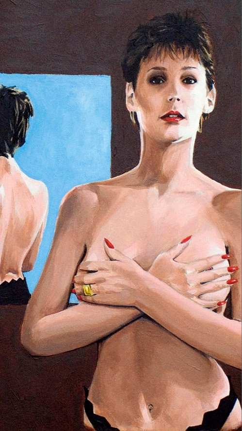 Jamie Lee Curtis dans « Un fauteuil pour deux » - peinture acrylique sur toile, 80 cm de haut par Sébastien Rieu