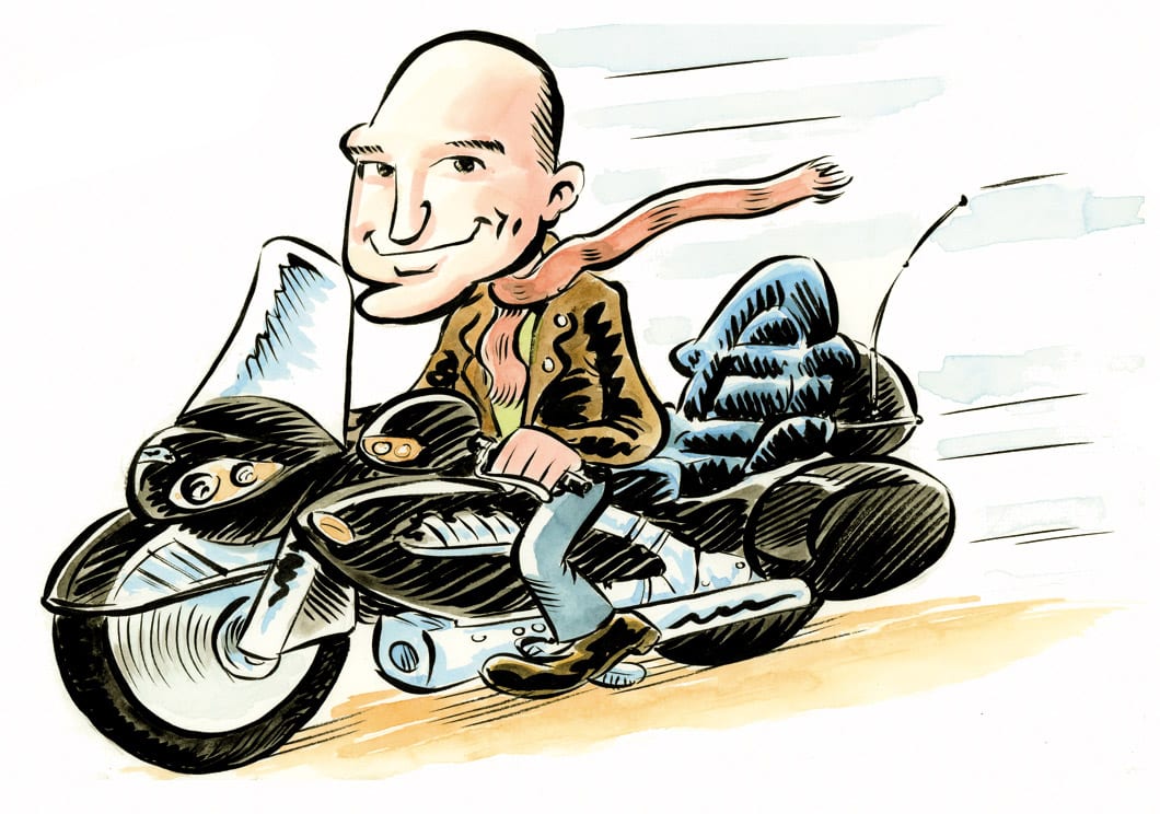 Caricature d'un motard sur sa moto custom
