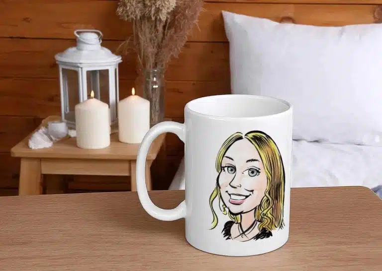 Mug caricature dans une ambiance de chalet.