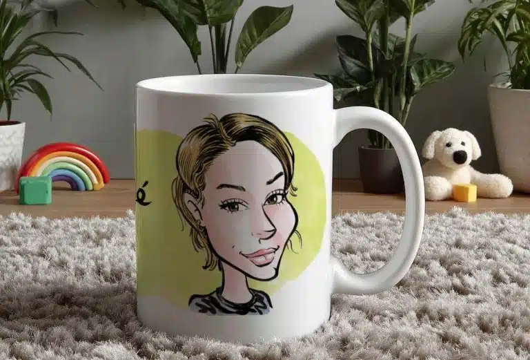 Mug caricature sur une moquette épaisse.