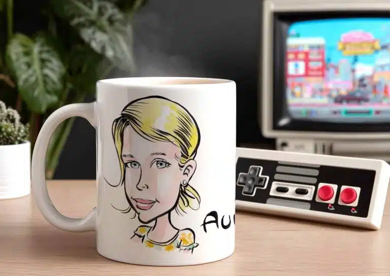 Mug caricature à côté d'une console de jeu Nintendo.