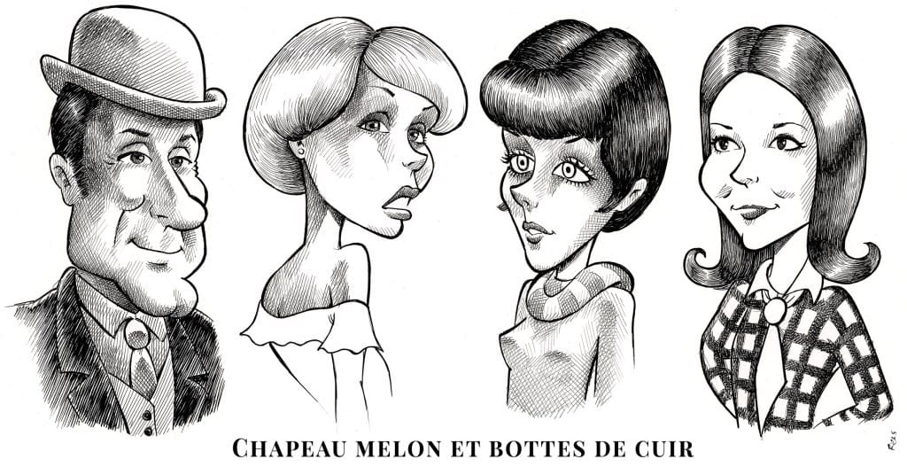 Caricatures de John Steed, Purdey, Tara King et Emma Peel, de la série Chapeau Melon et Bottes de Cuir