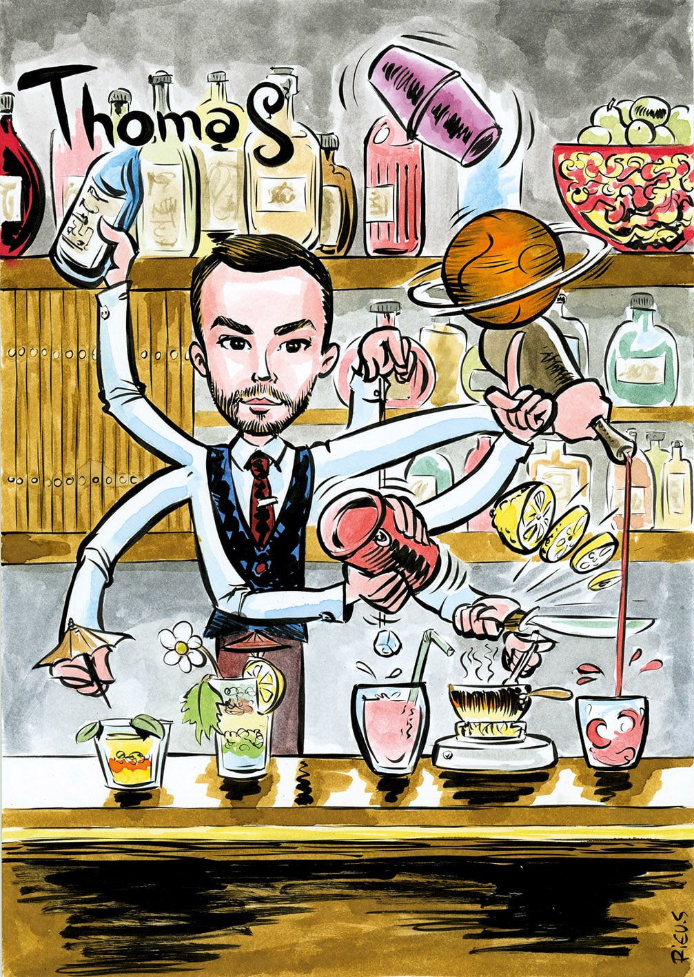 Portrait employé du mois barista hôtel de luxe — illustration Sébastien Rieu