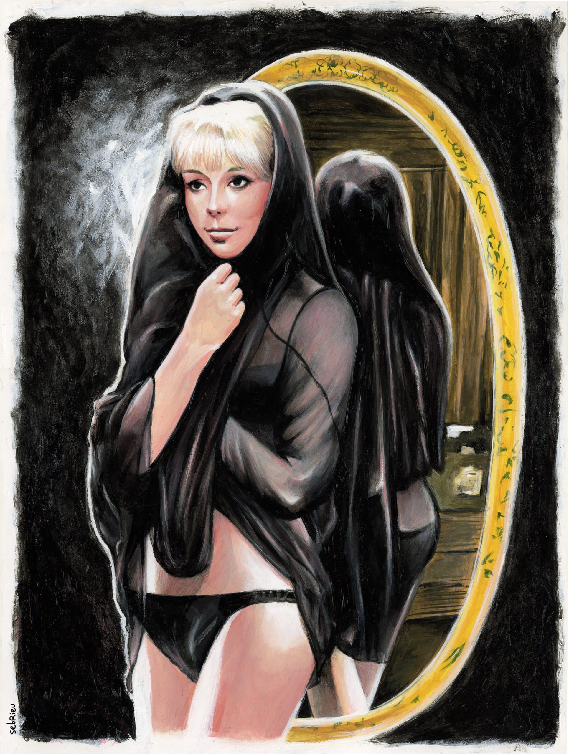 Mireille Darc dans « Les Barbouzes » - peinture acrylique sur papier canson par Sébastien Rieu