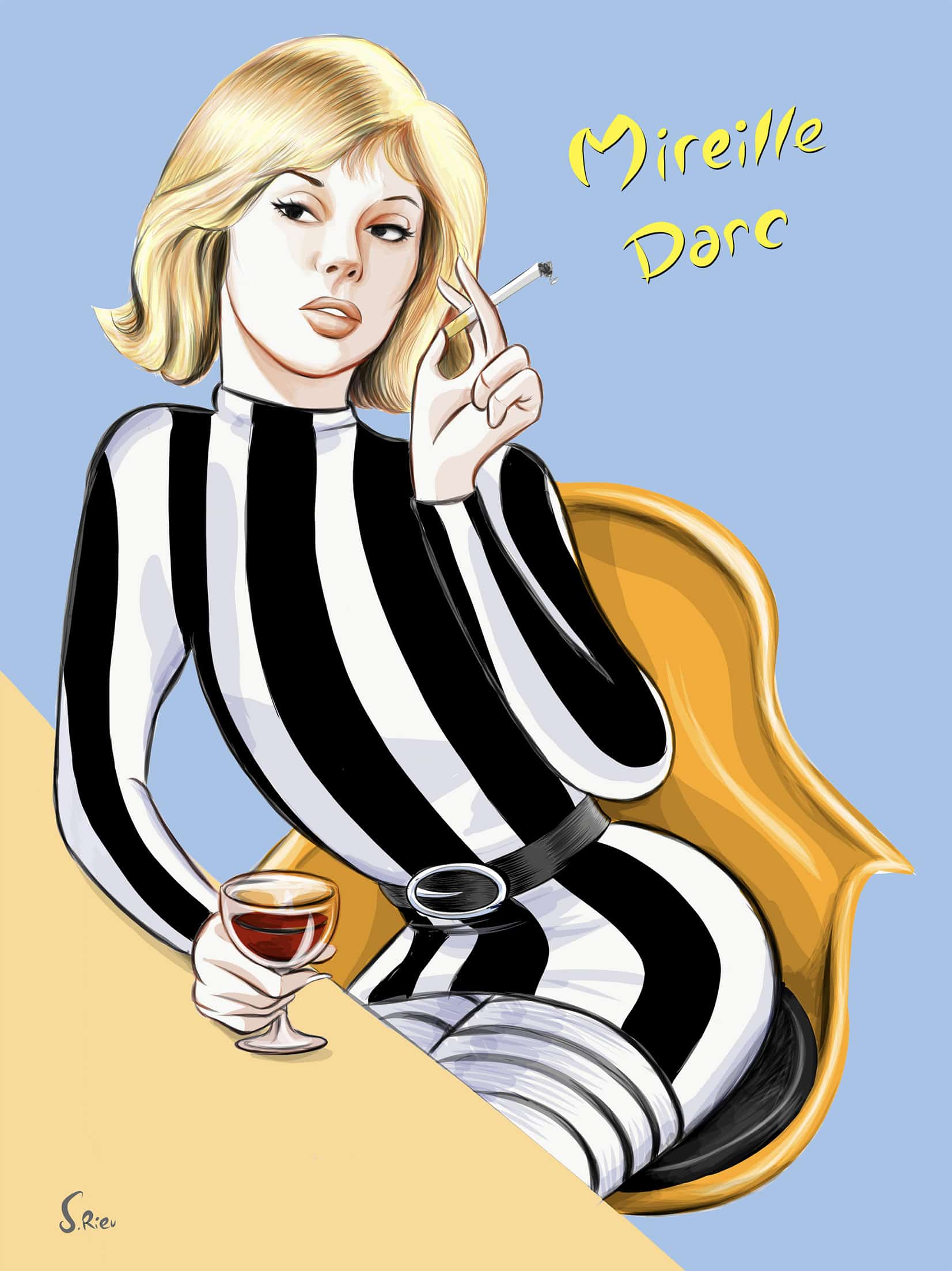 Mireille Darc en robe Courrèges - peinture acrylique sur papier canson par Sébastien Rieu