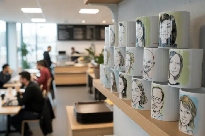 Mug Personnalisé avec une Caricature 6 Mugs personnalisés dans une cantine d’entreprise