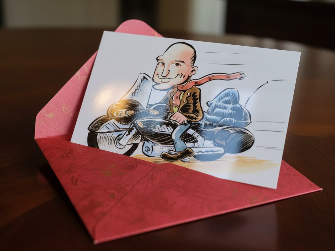 Exemple de carte ou poster avec caricature de motard