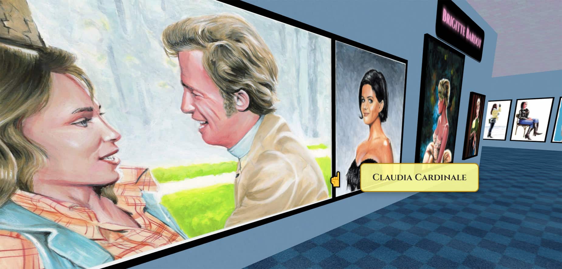 Salle de la galerie virtuelle en 3D, peintures de stars accrochées aux cimaises