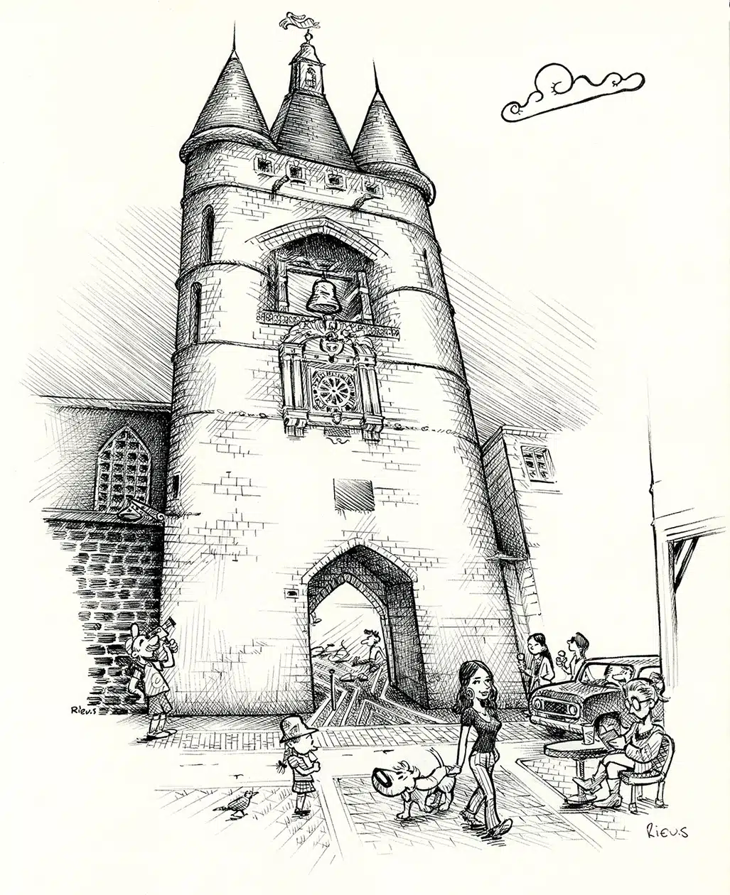 Dessins d’architecture - aquarelles 5 La Grosse Cloche à Bordeaux - Ancien beffroi et porte de la ville du Moyen Âge, un des rares vestiges des remparts. Construction : XIIIe-XVe siècle.