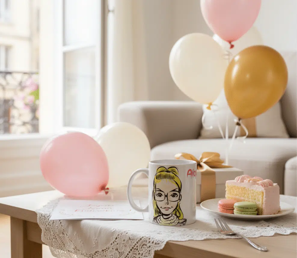 Mug Personnalisé avec une Caricature 14 Mug caricature offert pour un anniversaire avec des macarons de Bordeaux.