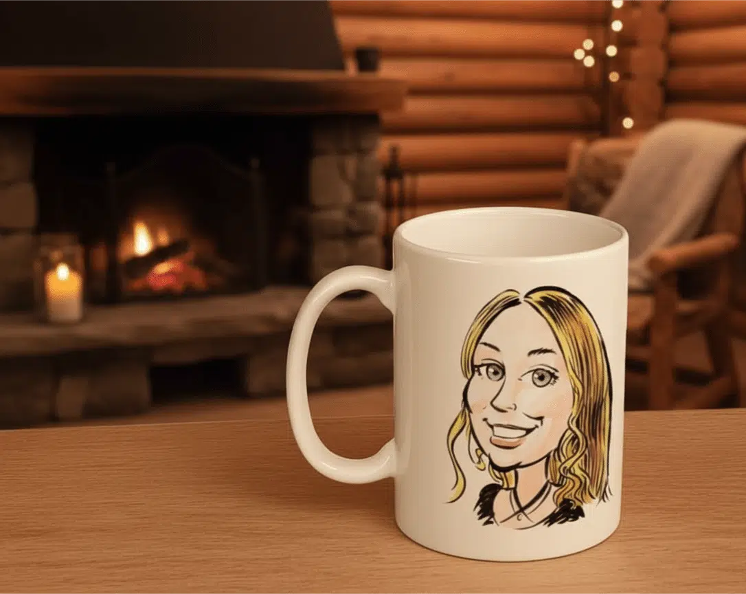 Mug Personnalisé avec une Caricature 13 Mug caricature dans une ambiance de chalet.
