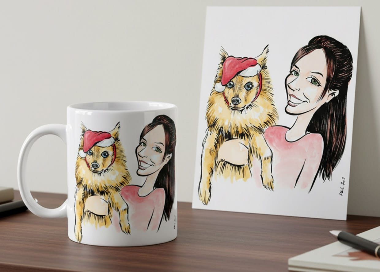 Mug Personnalisé avec une Caricature 1 Mug avec une caricature personnalisée, accompagné du dessin original