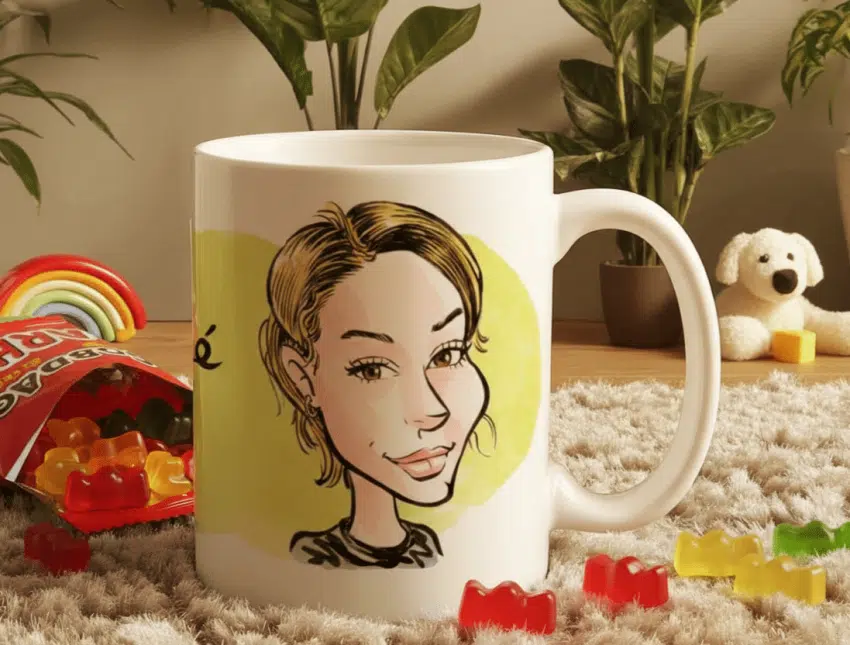 Mug Personnalisé avec une Caricature 10 Mug caricature sur une moquette épaisse.