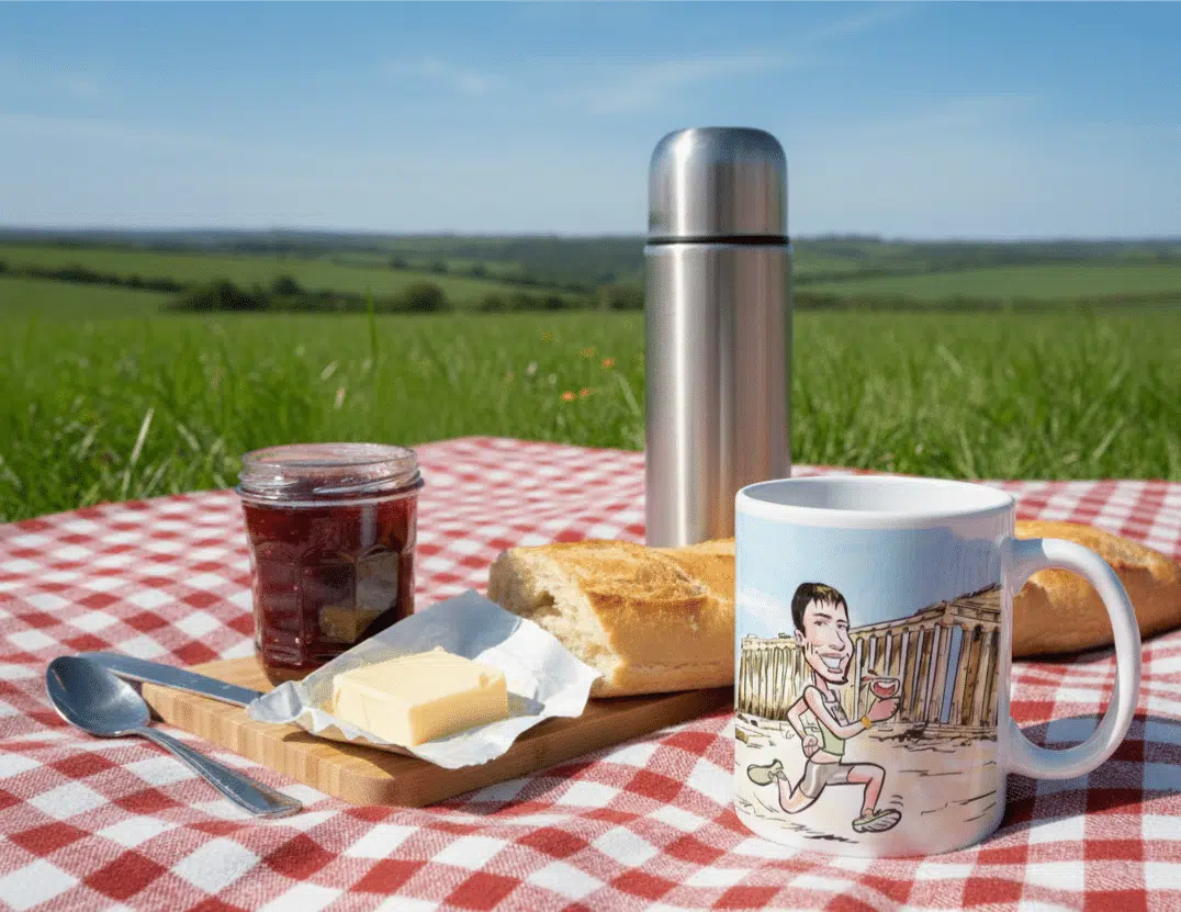 Mug Personnalisé avec une Caricature 8 Mug caricature posé sur une serviette de pique-nique.