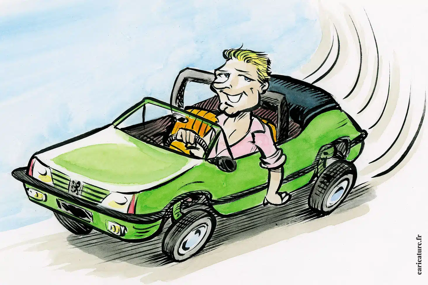 Caricatures de voitures 7 Une Peugeot 205 coupé sport décapotable des années 80 en version bande dessinée.