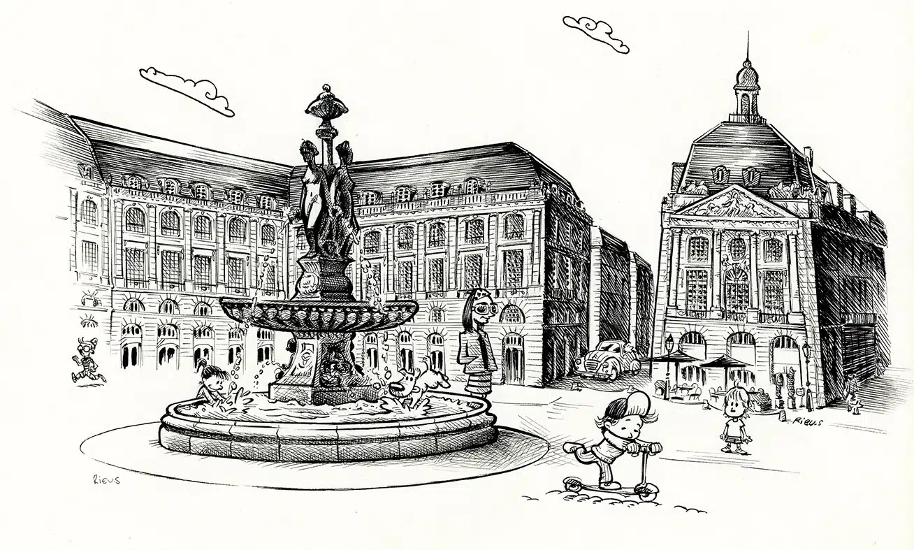 Dessins d’architecture - aquarelles 6 Place royale emblématique du XVIIIe siècle, ouverte sur la Garonne et célèbre pour son miroir d'eau. Construction : 1730-1775.