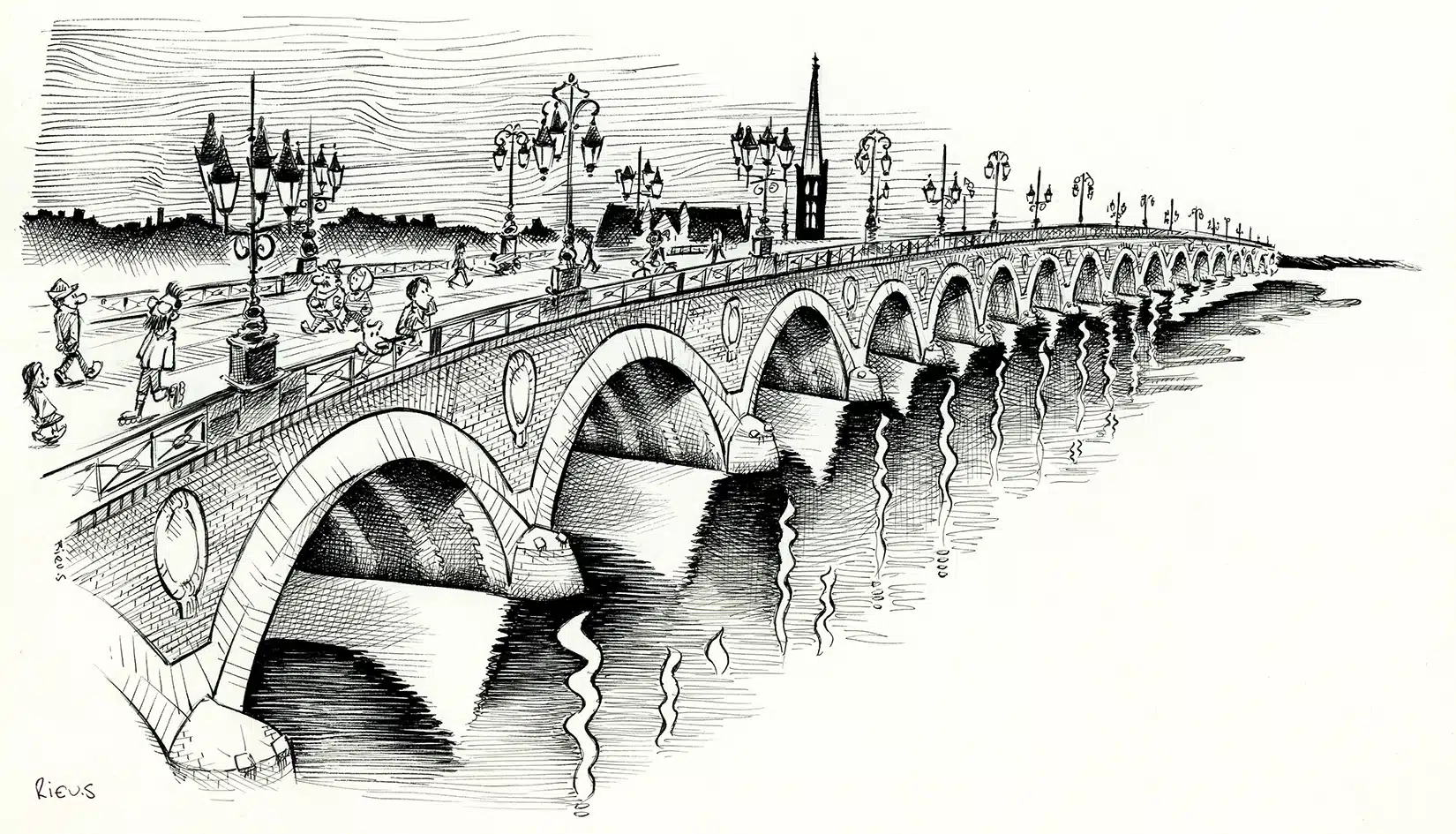 Dessins d’architecture - aquarelles 7 Premier pont de Bordeaux sur la Garonne, commandé par Napoléon Ier, avec 17 arches. Inauguration : 1822.