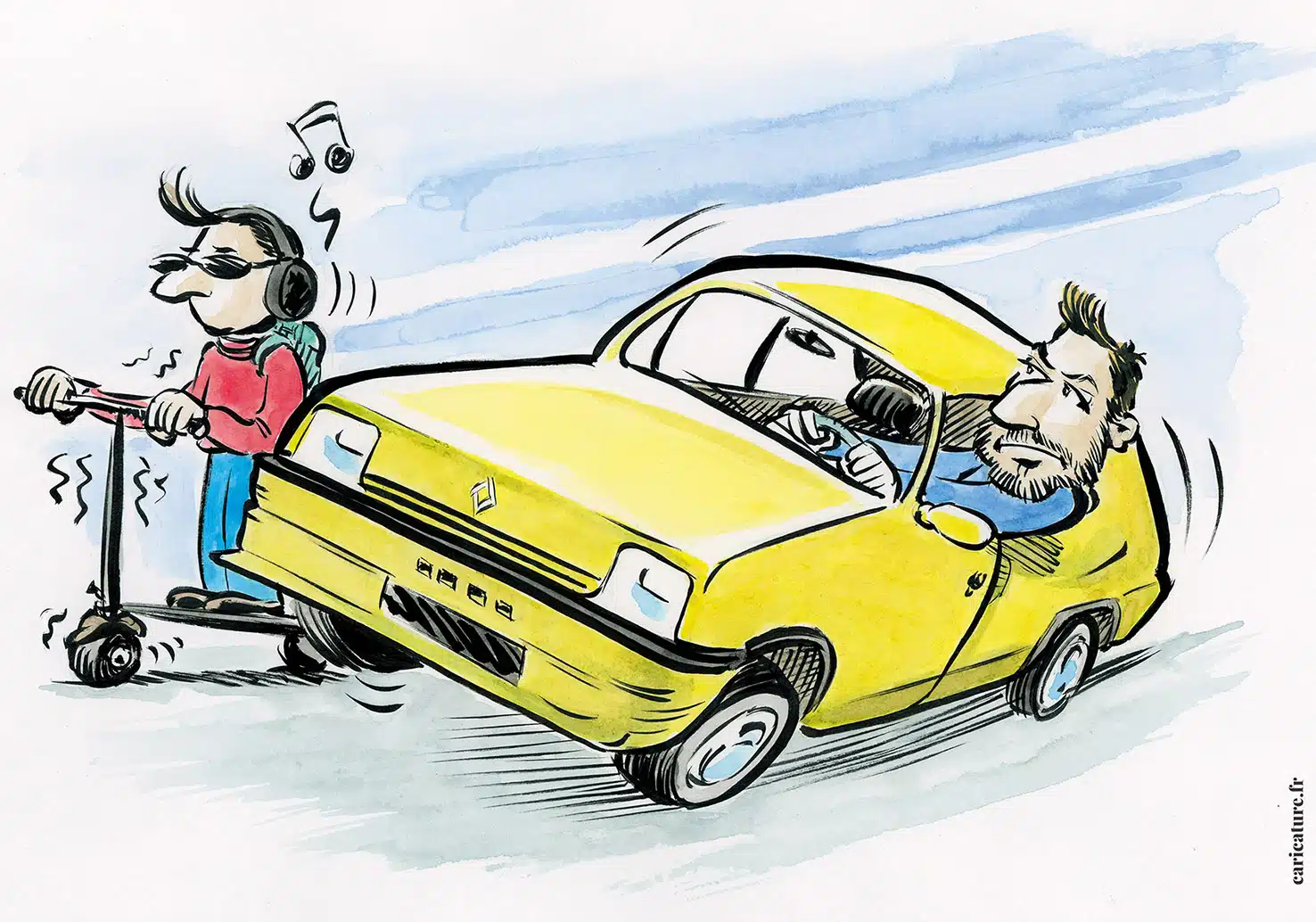 Caricatures de voitures 6 un dessin à l'aquarelle de la fameuse Renault 5, modÚle du début des années 90