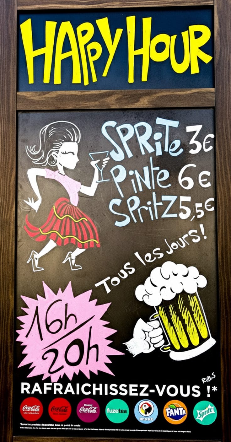 Panneau 'Happy Hour' peint avec une caricature de deux personnages qui trinquent.