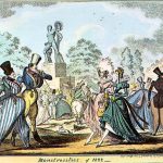 Titre : Monstrosities of 1822. Artiste : George Cruikshank. Année : 1822. Faisant partie de la série annuelle Monstrosities, cette gravure se moque des dernières tendances de la mode, dépeignant des figures aux corps contorsionnés.
