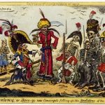 Comparative Anatomy or Bone-Ys New Conscripts filling up the skeletons of the old Regements - 1813. Faisant partie d'une série annuelle, cette gravure est une pure satire de mœurs qui se moque des extravagances de la mode. Les hommes et les femmes sont déformés par des vêtements aux proportions absurdes (cols immenses, tailles de guêpe, pantalons bouffants). Cruikshank ridiculise ici la tyrannie de la mode et la vanité de ceux qui la suivent.