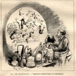 Titre : Ingénieur médical dans son laboratoire (extrait de Le Vingtième siècle. La vie électrique). Artiste : Albert Robida. Année : 1890. Illustration tirée du roman futuriste de Robida, Le Vingtième siècle. La vie électrique, représentant un ingénieur médical dans son laboratoire, reflétant ses prédictions sur les développements scientifiques.