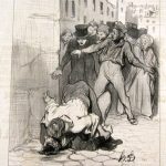Scène typique de la satire sociale de Daumier. Il croque ici deux bourgeois, probablement des amis de longue date, dont les visages et les postures révèlent une complicité teintée de suffisance. Daumier excelle à capturer ces moments de la vie parisienne, révélant les caractères et les relations sociales par le simple langage du corps.