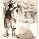 Titre : Une Rencontre agréable. 1844. Cette lithographie se moque probablement des interactions forcées au sein de la bourgeoisie. Les deux personnages, aux physionomies grotesques, échangent des salutations qui semblent tout sauf sincères. Daumier utilise l'exagération des traits pour souligner l'hypocrisie des conventions sociales.