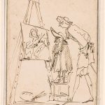 groupe de personnages caricaturaux avec un artiste dessinant un cercle du Guerchin (Giovanni Francesco Barbieri) - Pier Francesco Mola