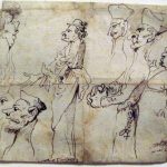 Dans ce dessin à la plume, Mola s'amuse à déformer les visages de membres du clergé. Avec des traits rapides et exagérés, il saisit des expressions grotesques. La satire du clergé est un thème ancien, mais ici, l'intention n'est pas une attaque religieuse comme chez les protestants, mais plutôt une moquerie des travers individuels, dans la tradition de la satire privée italienne. Dessin à la plume et à l'encre brune.